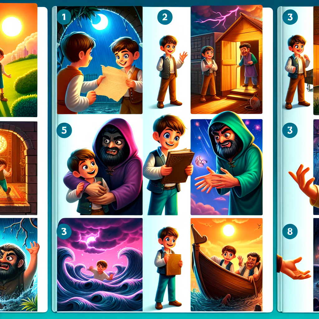 Colorful cartoon storyboard showing 8 key scenes from The Boy Who Was Carried Away by the Sea
