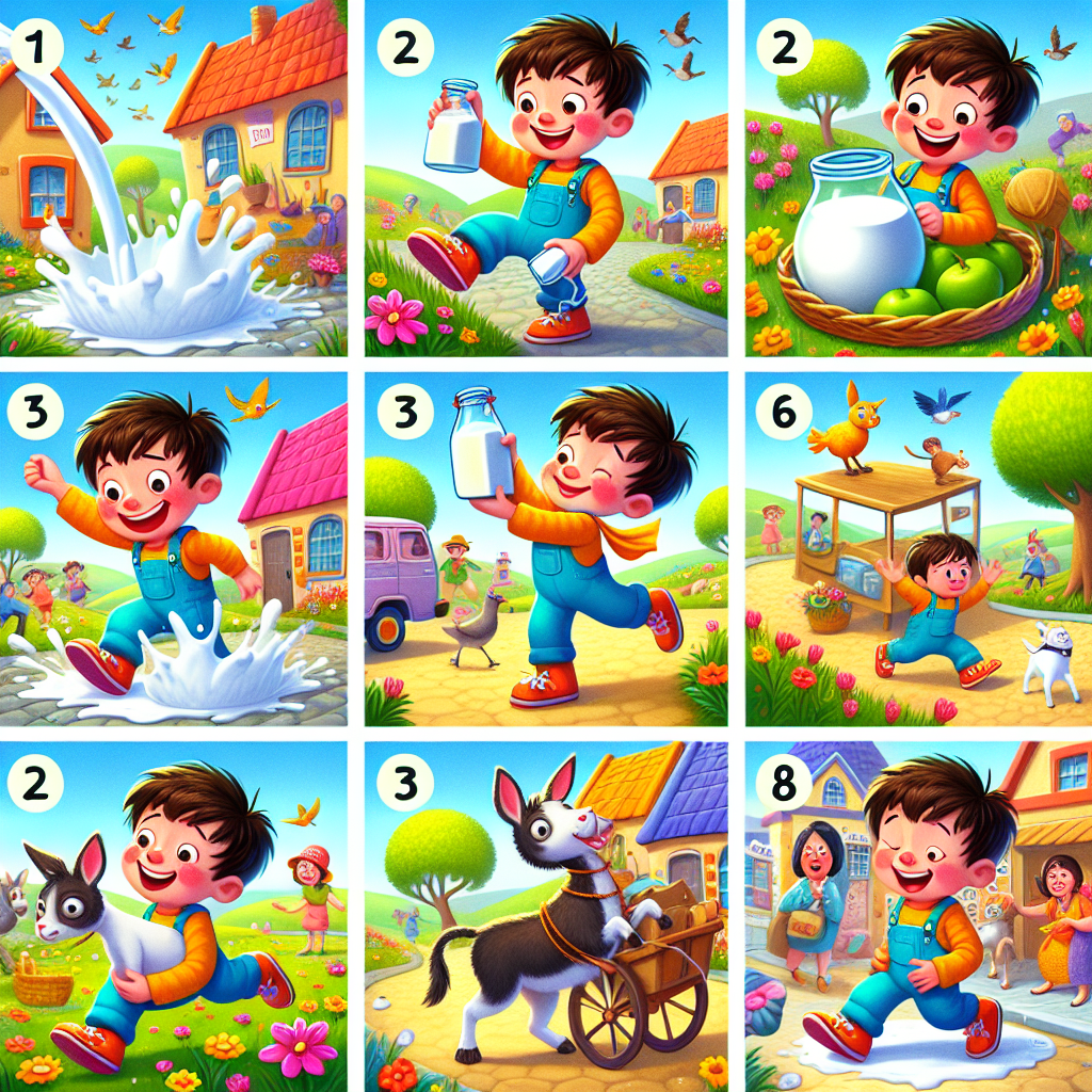 Colorful cartoon storyboard showing 8 key scenes from Jack and the Milk Mishap