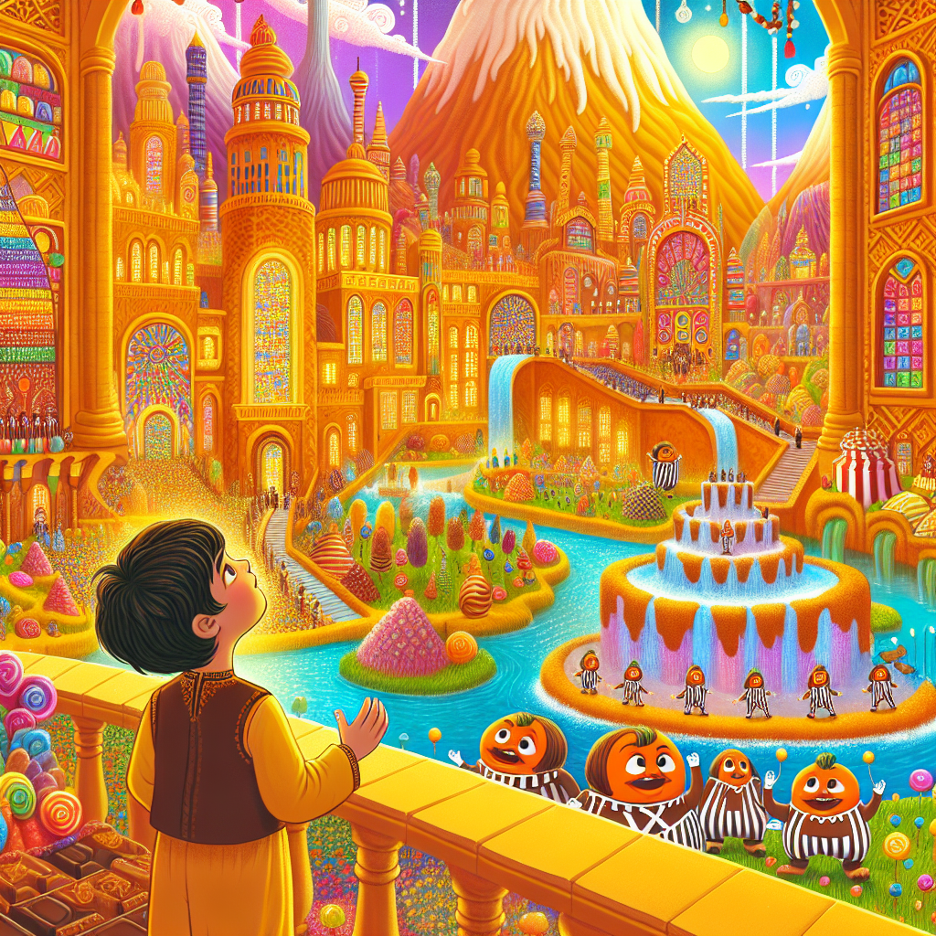 Colorful children's illustration for the story: Charlie and the Chocolate Factory