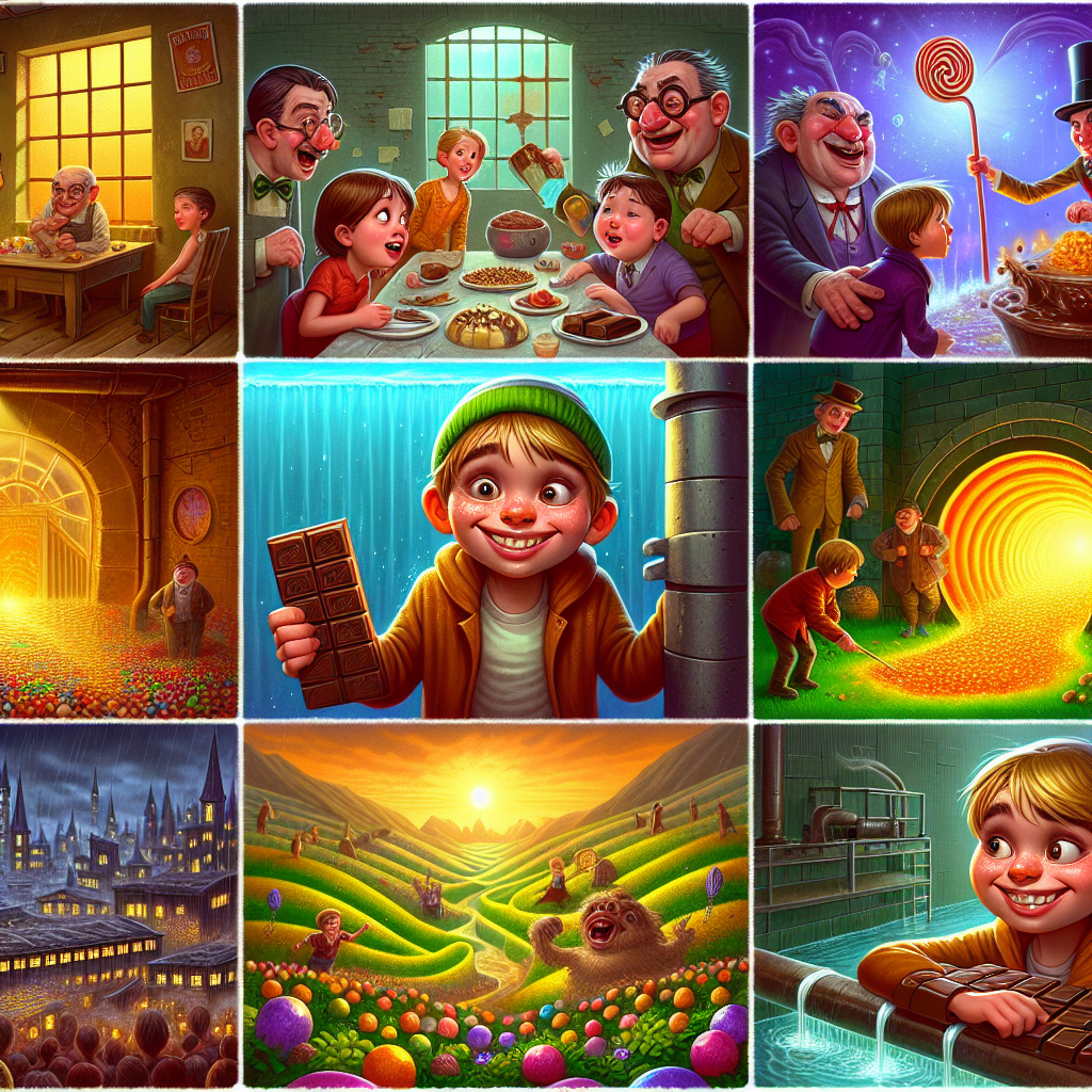 Colorful cartoon storyboard showing 8 key scenes from Charlie and the Chocolate Factory