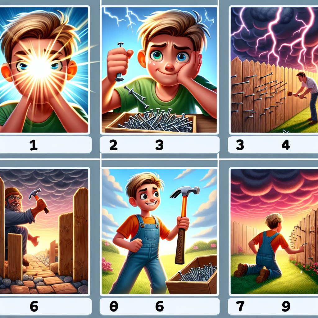 Colorful cartoon storyboard showing 8 key scenes from The Boy and the Hammer