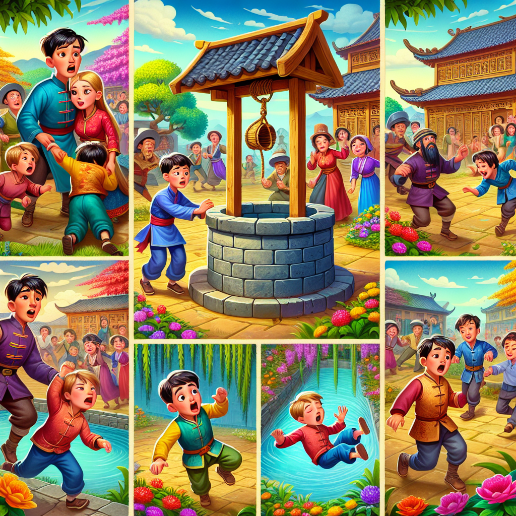 Colorful cartoon storyboard showing 8 key scenes from Tikki Tikki Tembo