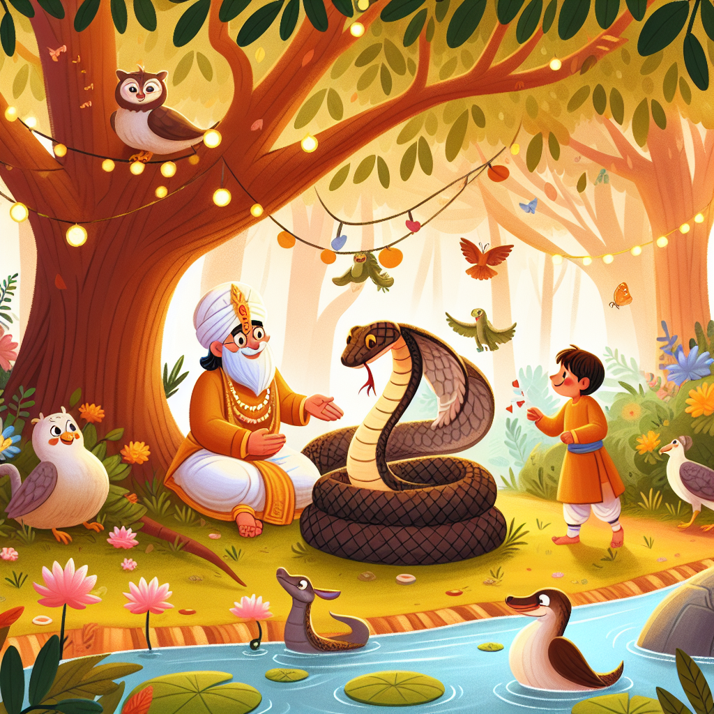 Colorful children's illustration for the story: The Brahmin and the Cobra