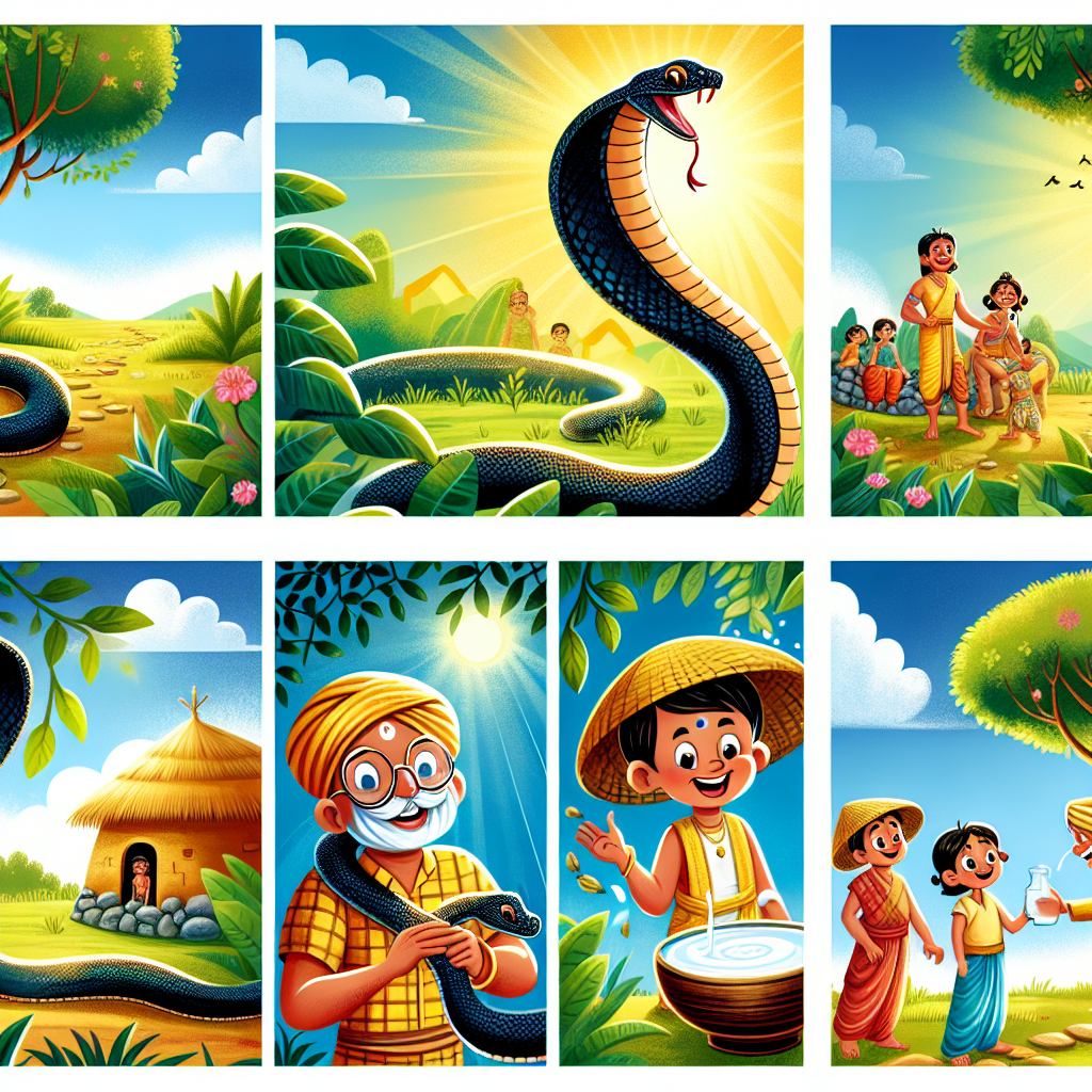 Colorful cartoon storyboard showing 8 key scenes from The Brahmin and the Cobra