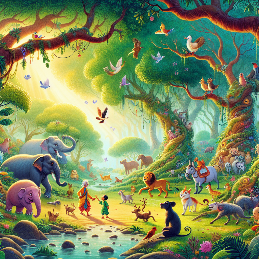 Colorful children's illustration for the story: The Brahmin and His Dream