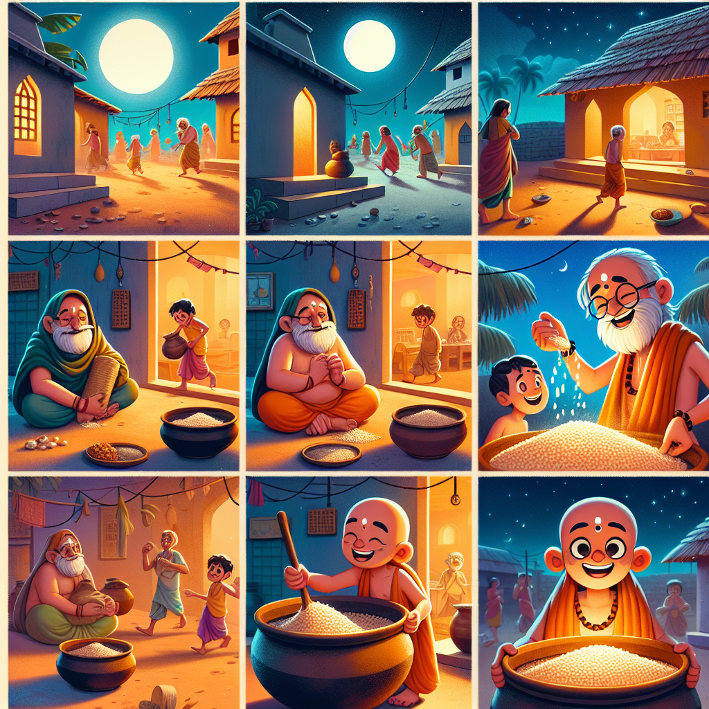 Colorful cartoon storyboard showing 8 key scenes from The Brahmin and His Dream