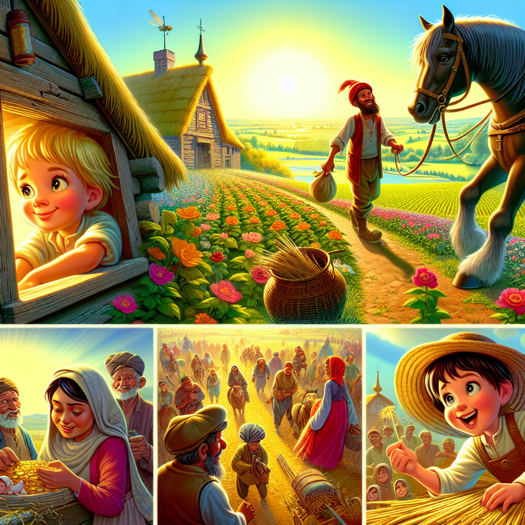 Colorful cartoon storyboard showing 8 key scenes from Tom Thumb