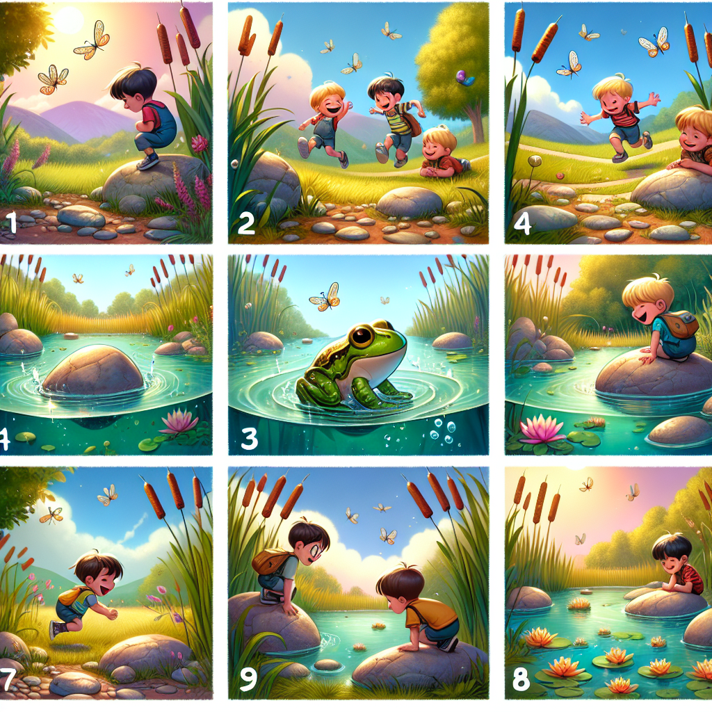 Colorful cartoon storyboard showing 8 key scenes from The Frog and the Boys