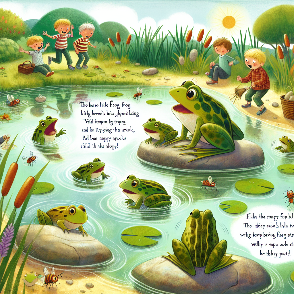 Colorful children's illustration for the story: The Frogs and the Boys