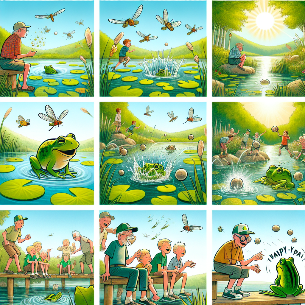 Colorful cartoon storyboard showing 8 key scenes from The Frogs and the Boys