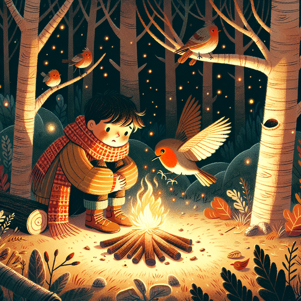 Colorful children's illustration for the story: The Brave Little Robin