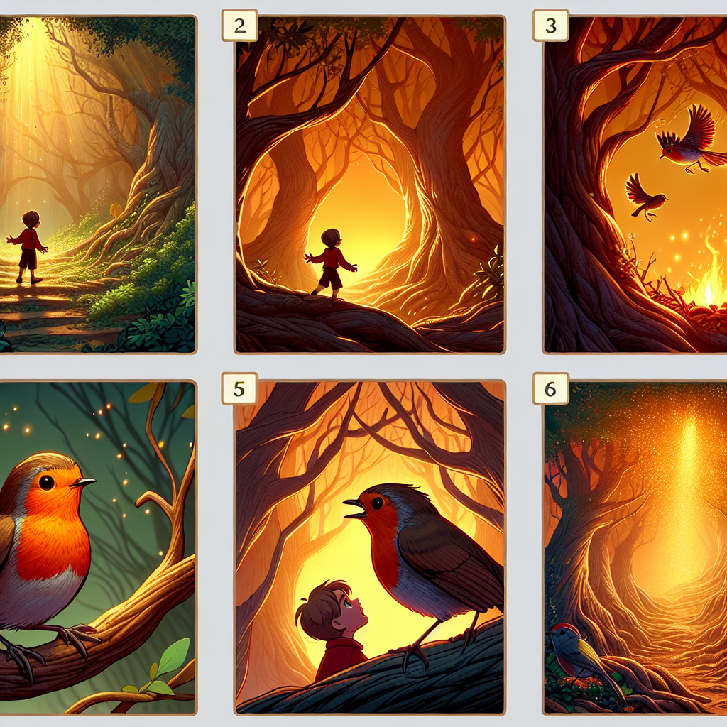 Colorful cartoon storyboard showing 8 key scenes from The Brave Little Robin
