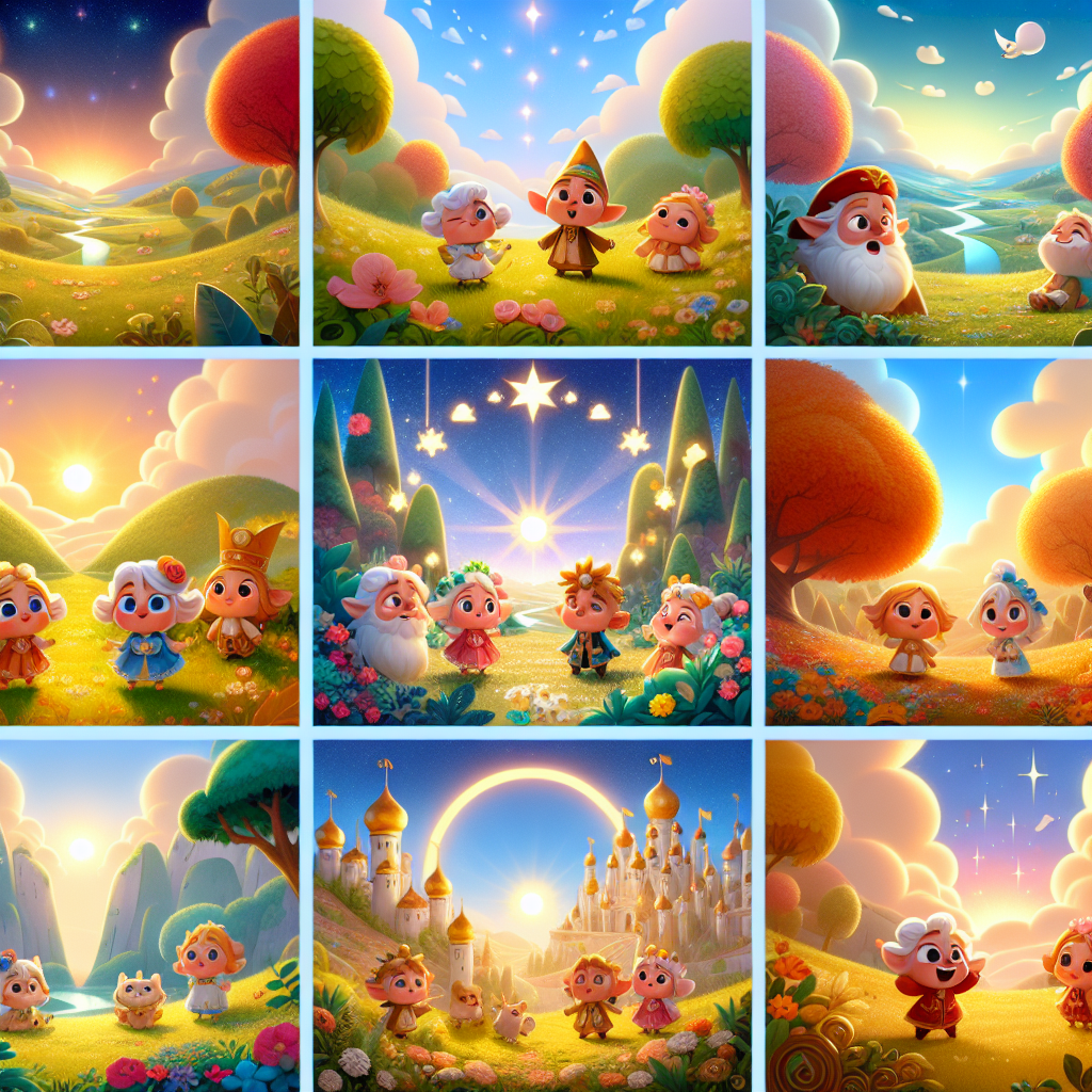 Colorful cartoon storyboard showing 8 key scenes from The Brave Little Tailor