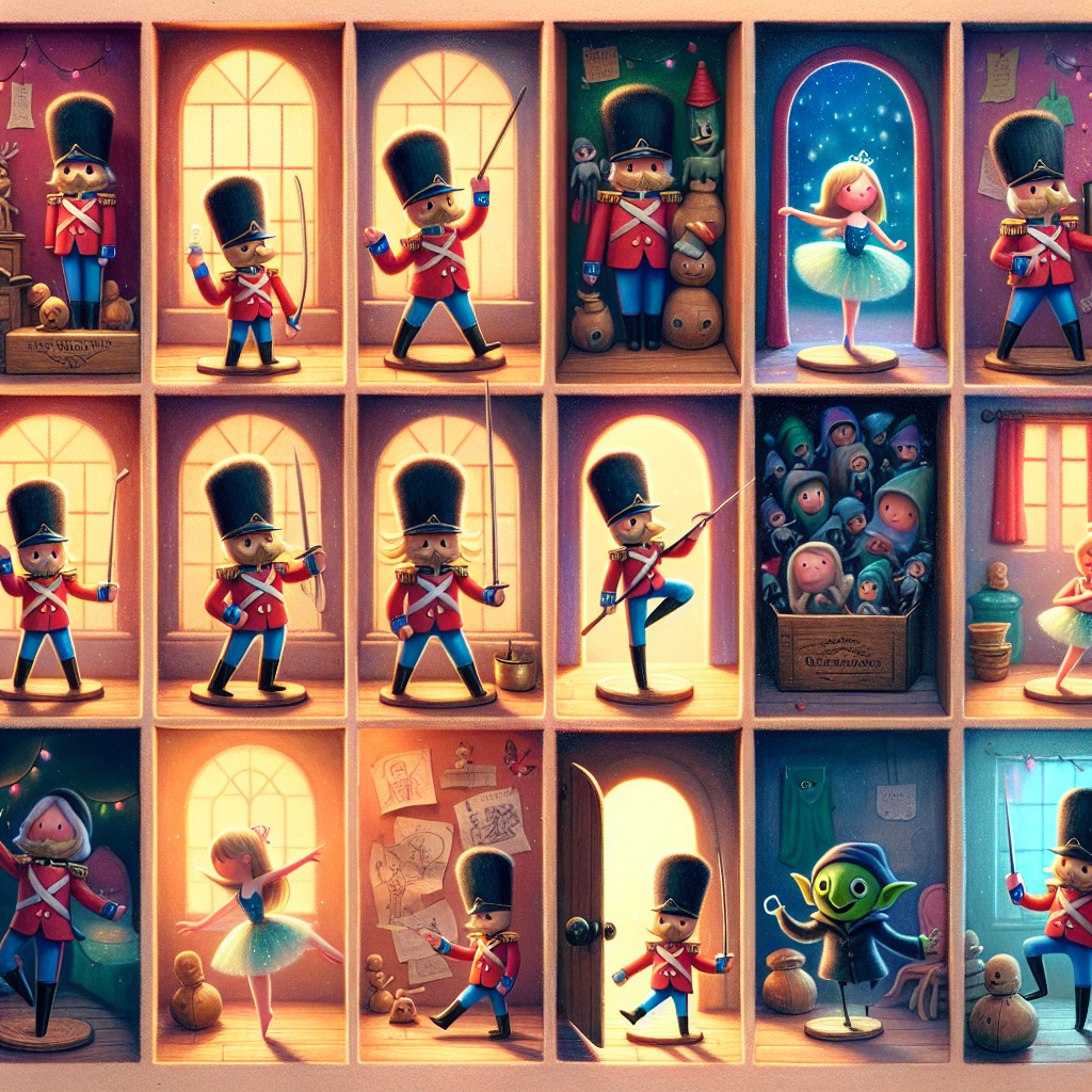 Colorful cartoon storyboard showing 8 key scenes from The Brave Tin Soldier