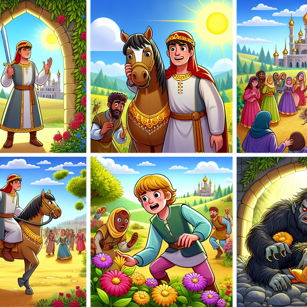 Colorful cartoon storyboard showing 8 key scenes from The Tale of Prince Zayn and the Monster