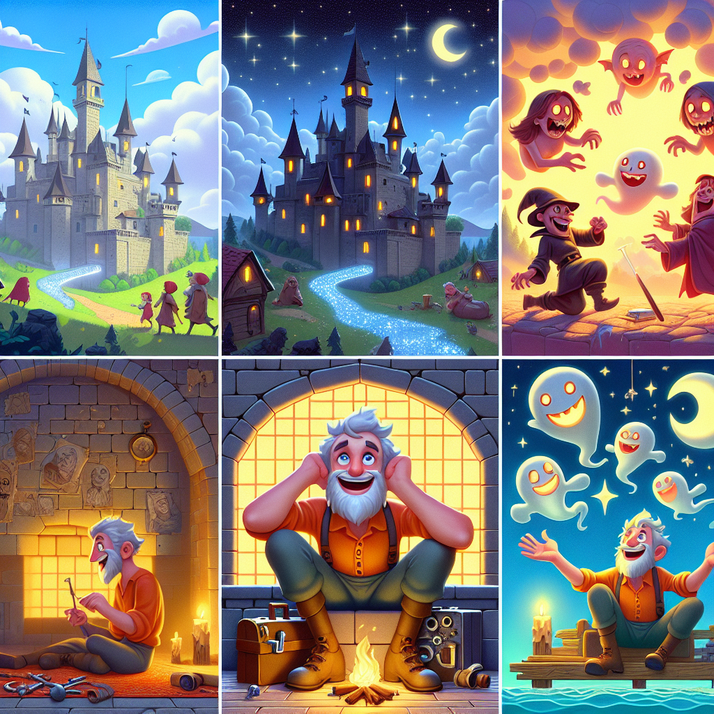 Colorful cartoon storyboard showing 8 key scenes from The Brave Tinker and the Haunted Castle