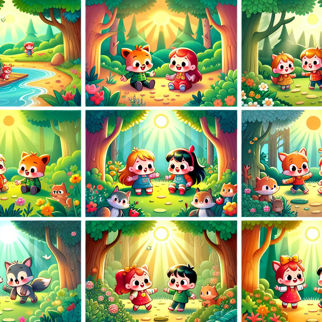 Colorful cartoon storyboard showing 8 key scenes from Hansel and Gretel
