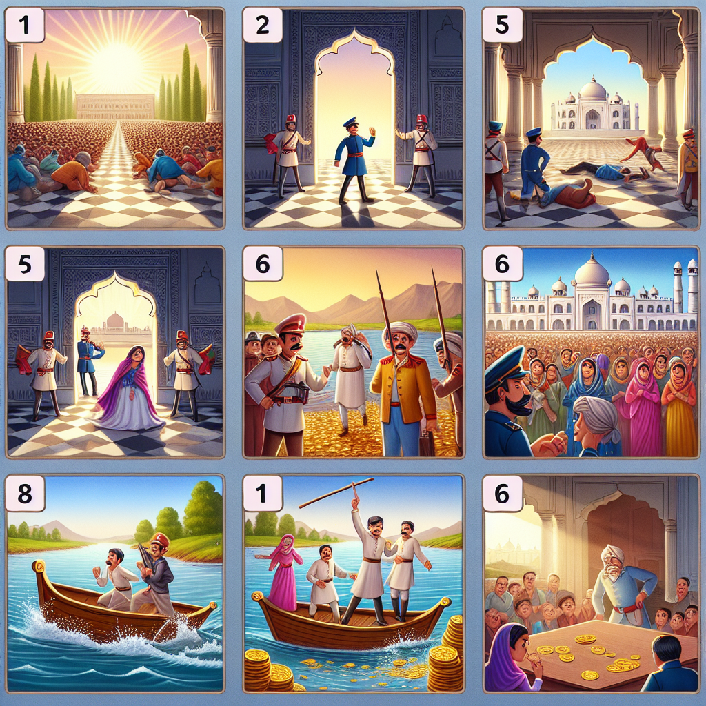 Colorful cartoon storyboard showing 8 key scenes from The Bribe-Taker Who Could Not Stop