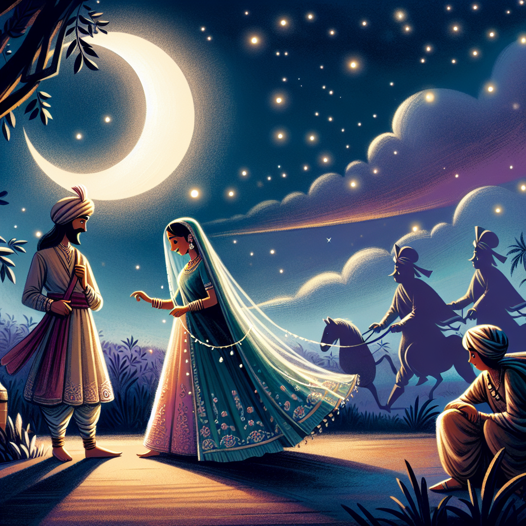 Colorful children's illustration for the story: The Merchant's Daughter