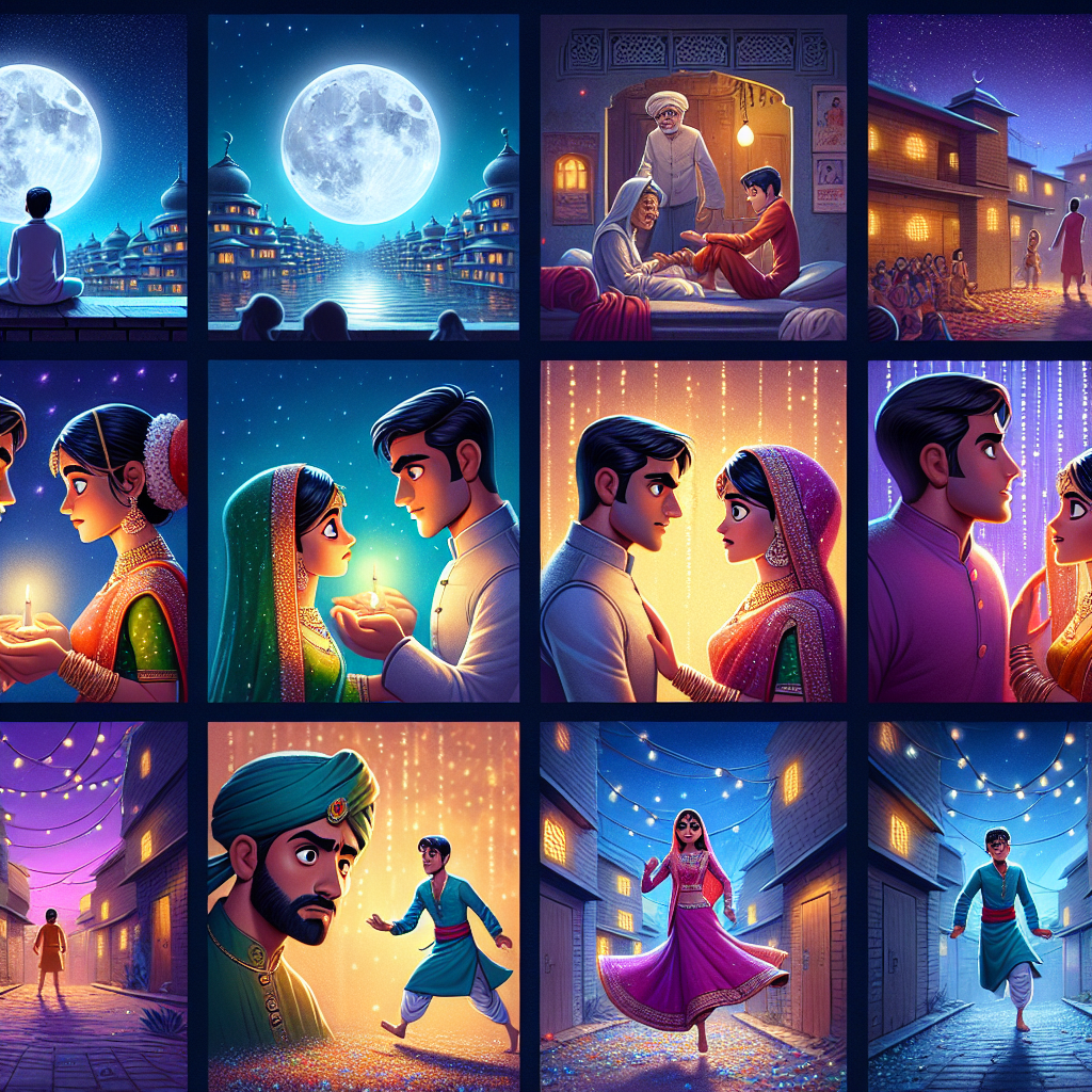 Colorful cartoon storyboard showing 8 key scenes from The Merchant's Daughter