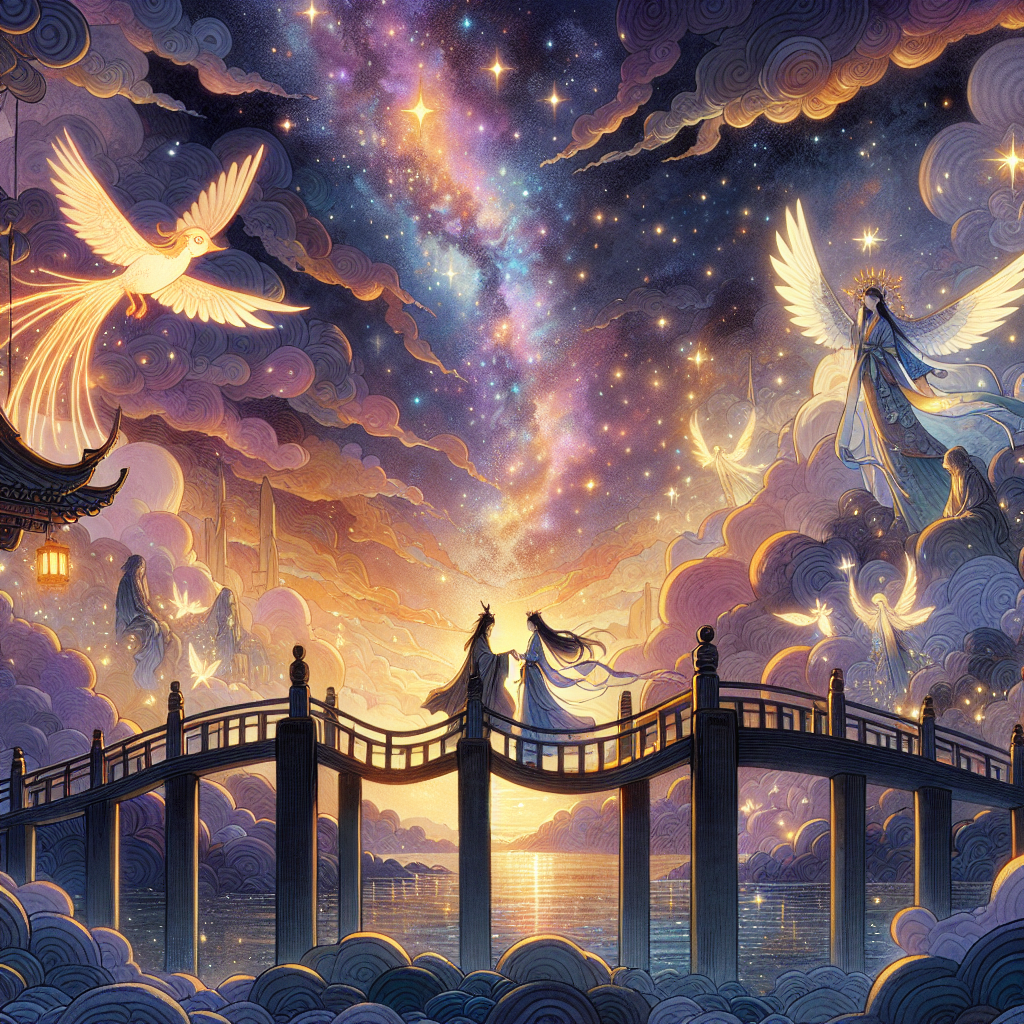 Colorful children's illustration for the story: The Cowherd and the Weaver Girl