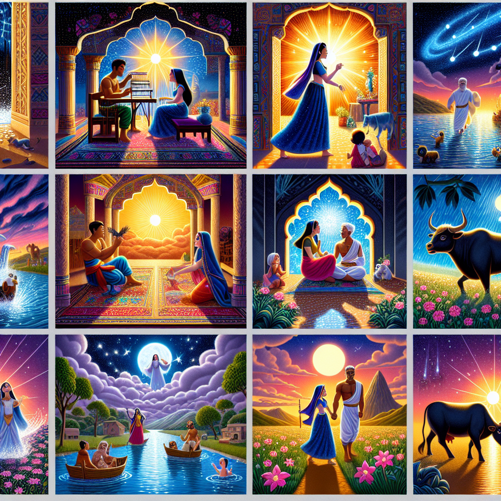 Colorful cartoon storyboard showing 8 key scenes from The Cowherd and the Weaver Girl