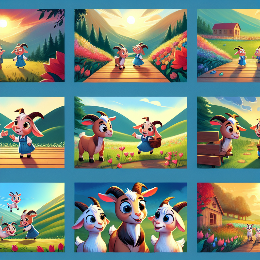 Colorful cartoon storyboard showing 8 key scenes from The Goat and the Goatherd