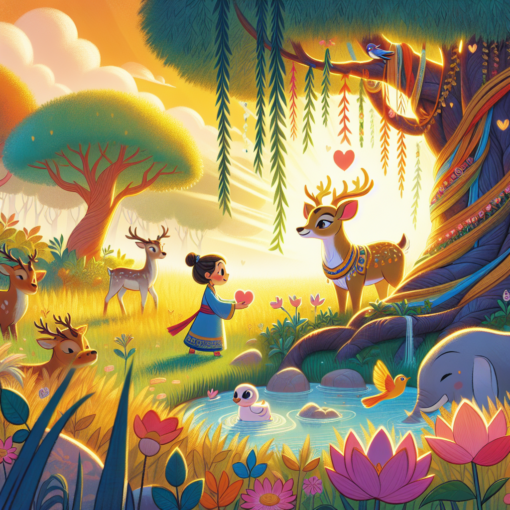 Colorful children's illustration for the story: The Buck Who Lost His Heart