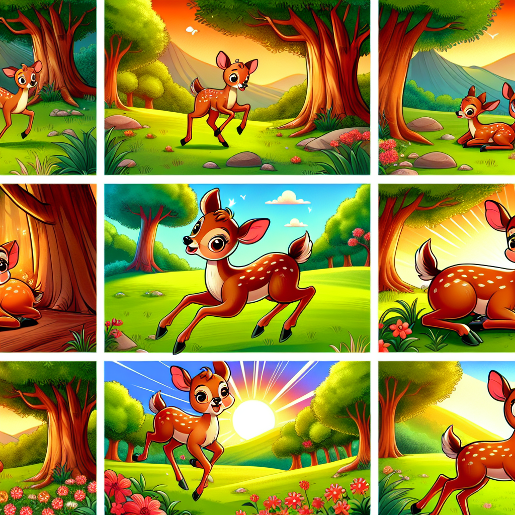 Colorful cartoon storyboard showing 8 key scenes from The Buck Who Lost His Heart