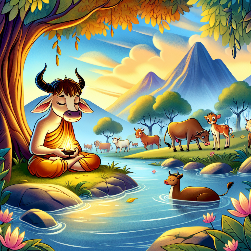 Colorful children's illustration for the story: The Bull That Remembered Kindness