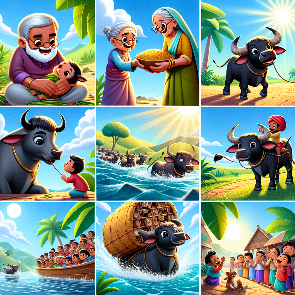 Colorful cartoon storyboard showing 8 key scenes from The Bull That Remembered Kindness