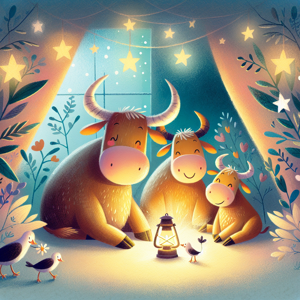 Colorful children's illustration for the story: The Lion and the Bullocks