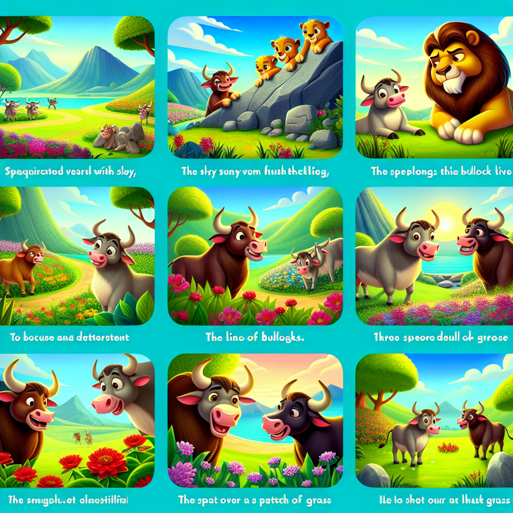 Colorful cartoon storyboard showing 8 key scenes from The Lion and the Bullocks