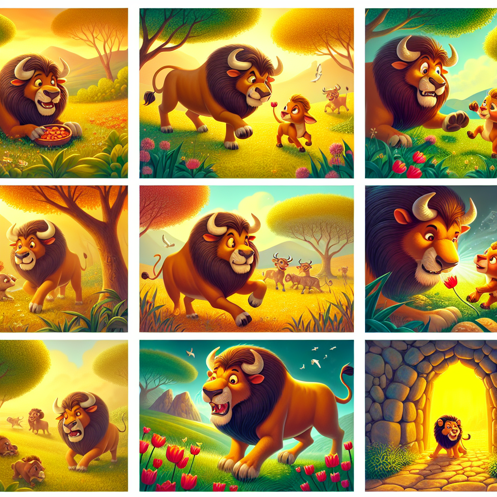 Colorful cartoon storyboard showing 8 key scenes from The Lion and the Bull