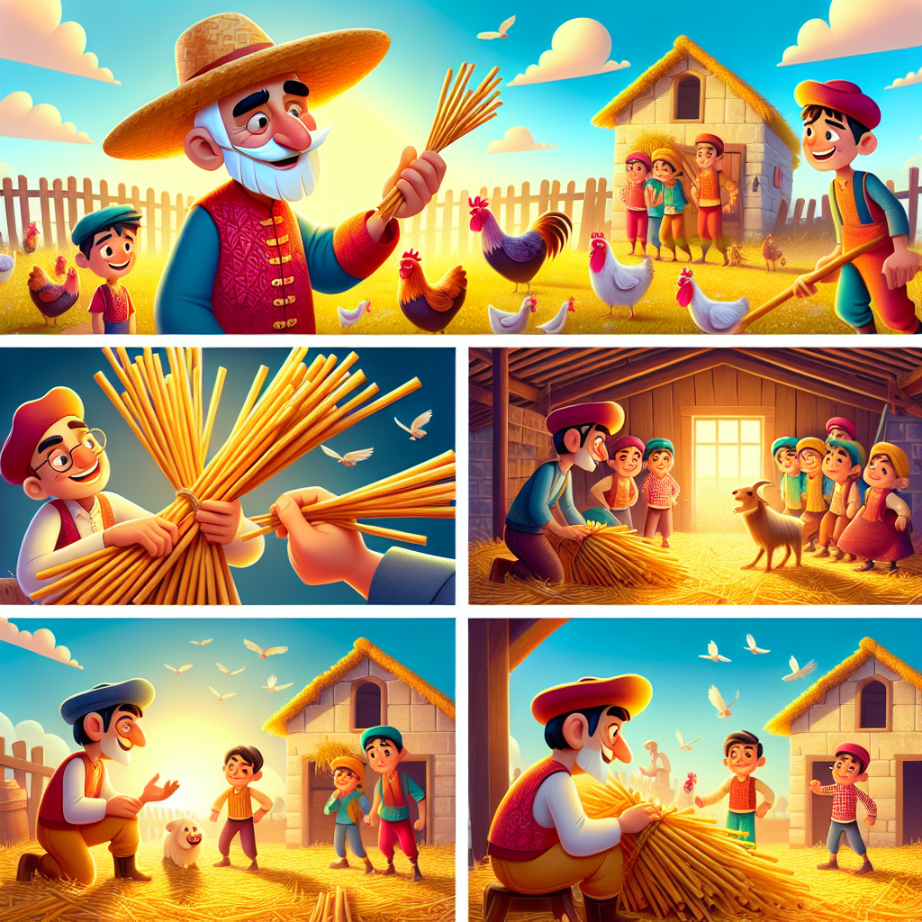Colorful cartoon storyboard showing 8 key scenes from The Bundle of Sticks