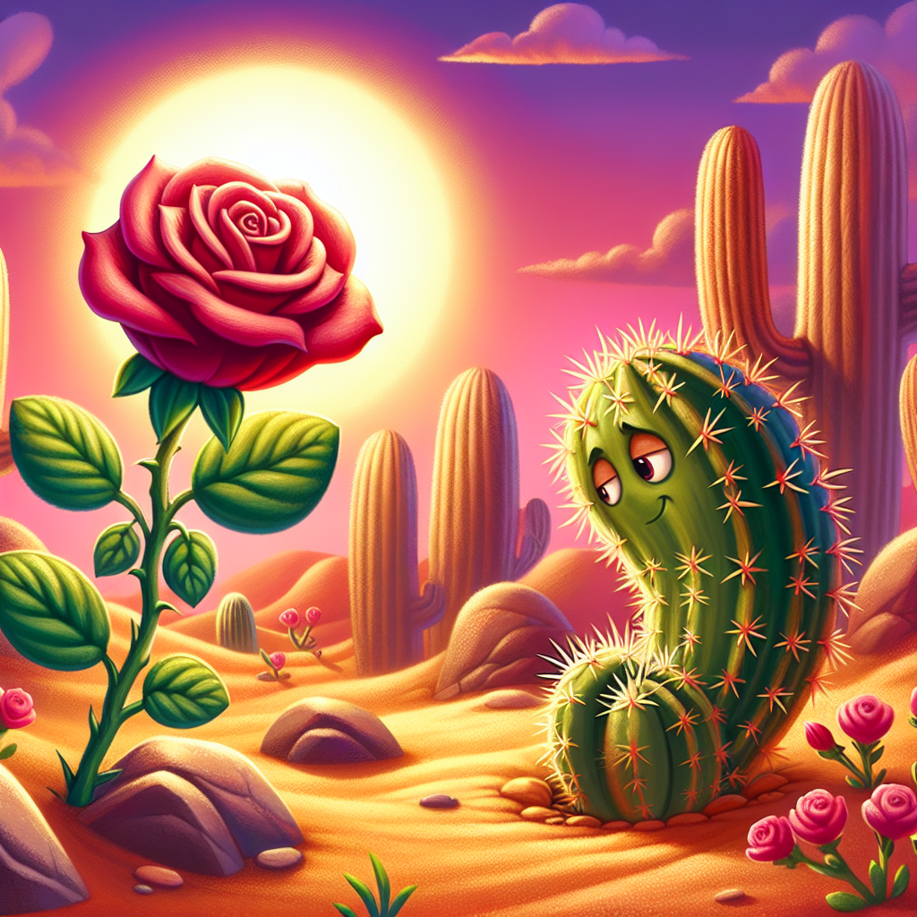Colorful children's illustration for the story: The Cactus and the Rose
