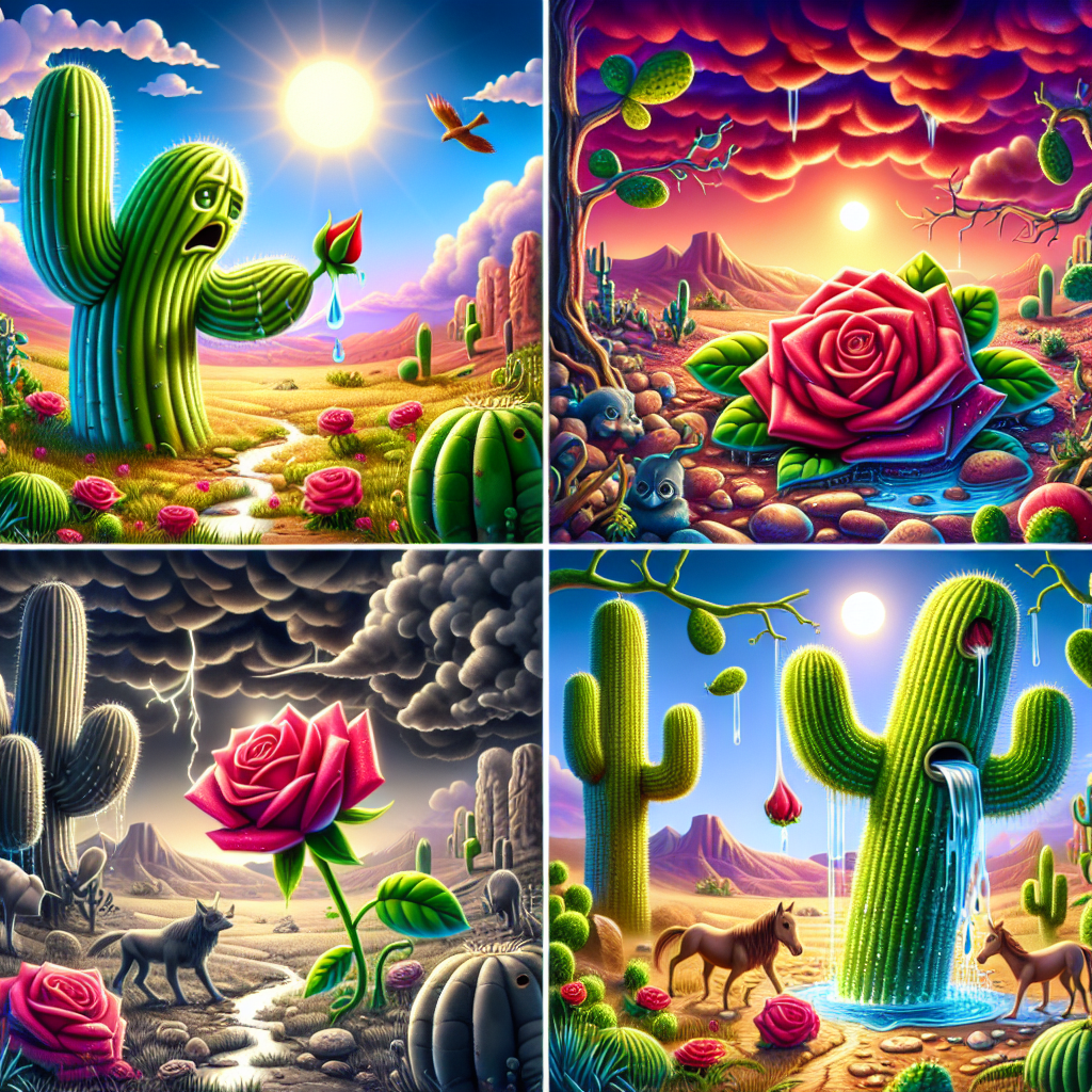 Colorful cartoon storyboard showing 8 key scenes from The Cactus and the Rose