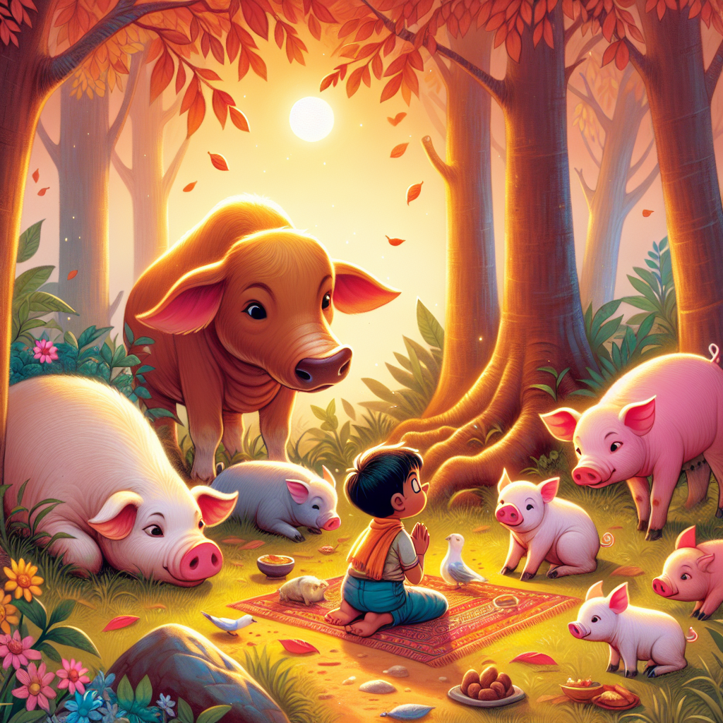 Colorful children's illustration for the story: The Calves and the Pig