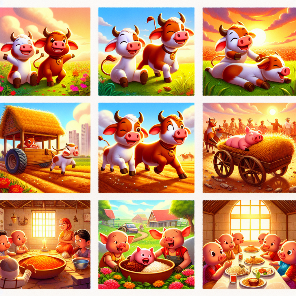 Colorful cartoon storyboard showing 8 key scenes from The Calves and the Pig