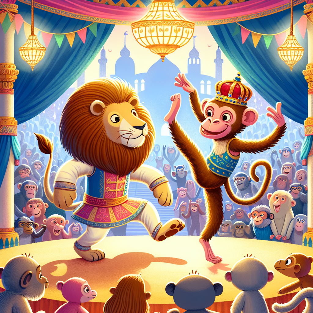 Colorful children's illustration for the story: The Camel and the Dancing Animals