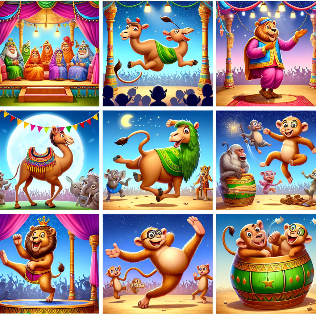 Colorful cartoon storyboard showing 8 key scenes from The Camel and the Dancing Animals