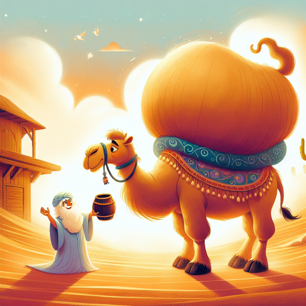 Colorful children's illustration for the story: The Camel That Learned to Work