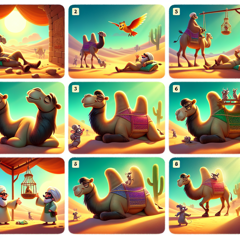 Colorful cartoon storyboard showing 8 key scenes from The Camel That Learned to Work