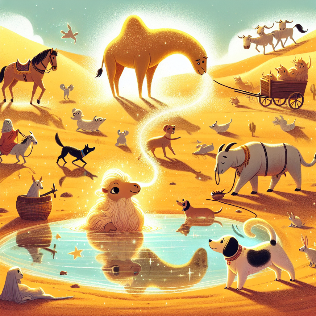 Colorful children's illustration for the story: The Lazy Camel