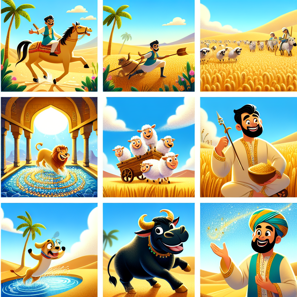 Colorful cartoon storyboard showing 8 key scenes from The Lazy Camel