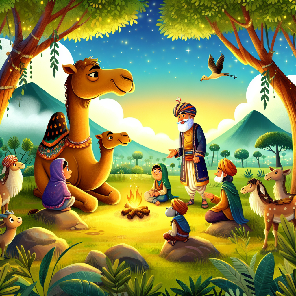 Colorful children's illustration for the story: The Camel and the Jackal