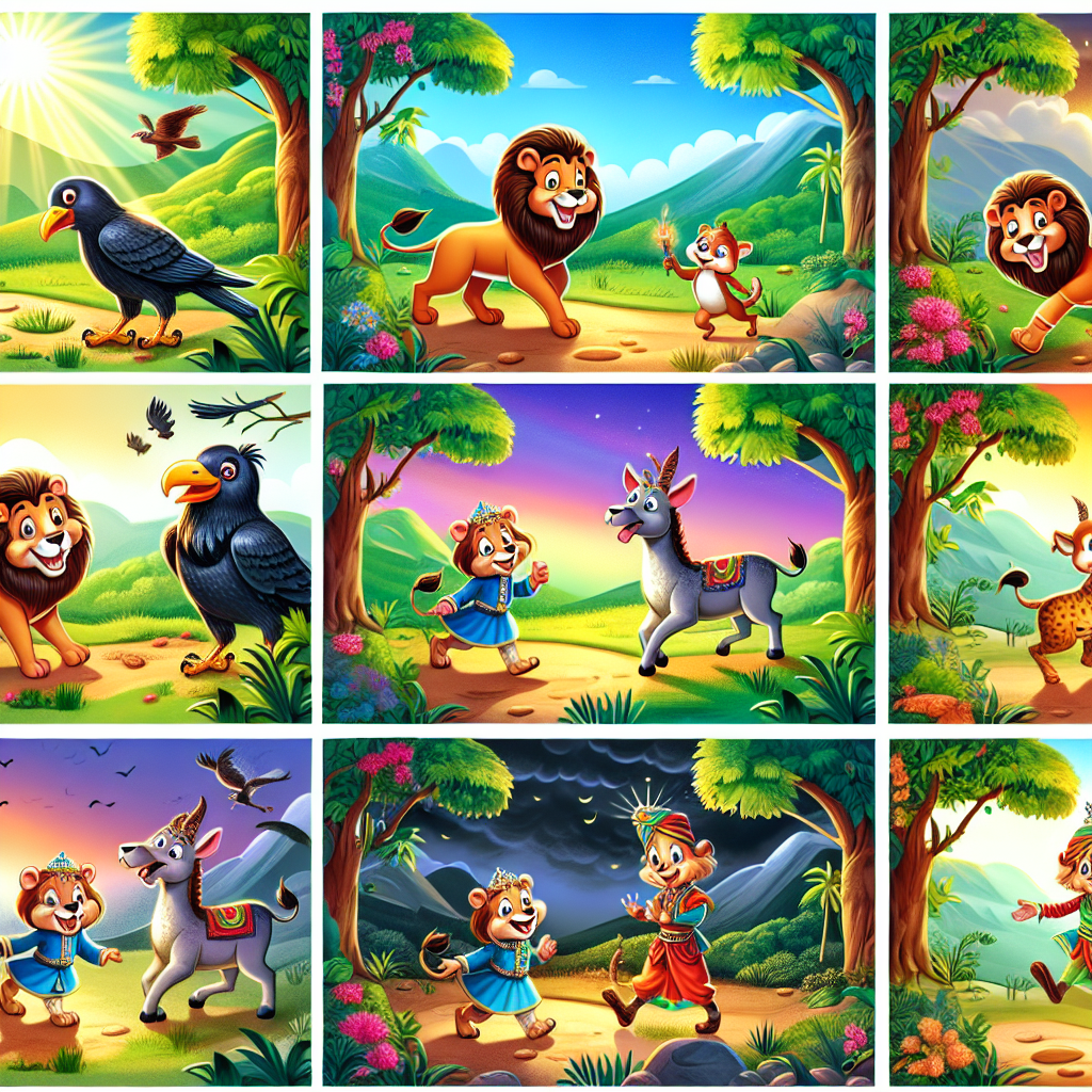 Colorful cartoon storyboard showing 8 key scenes from The Camel and the Jackal