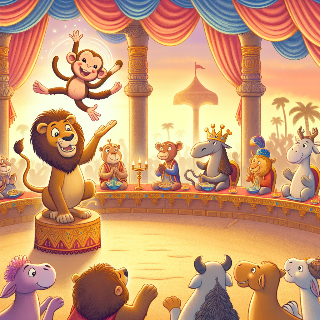 Colorful children's illustration for the story: The Camel and the Monkey