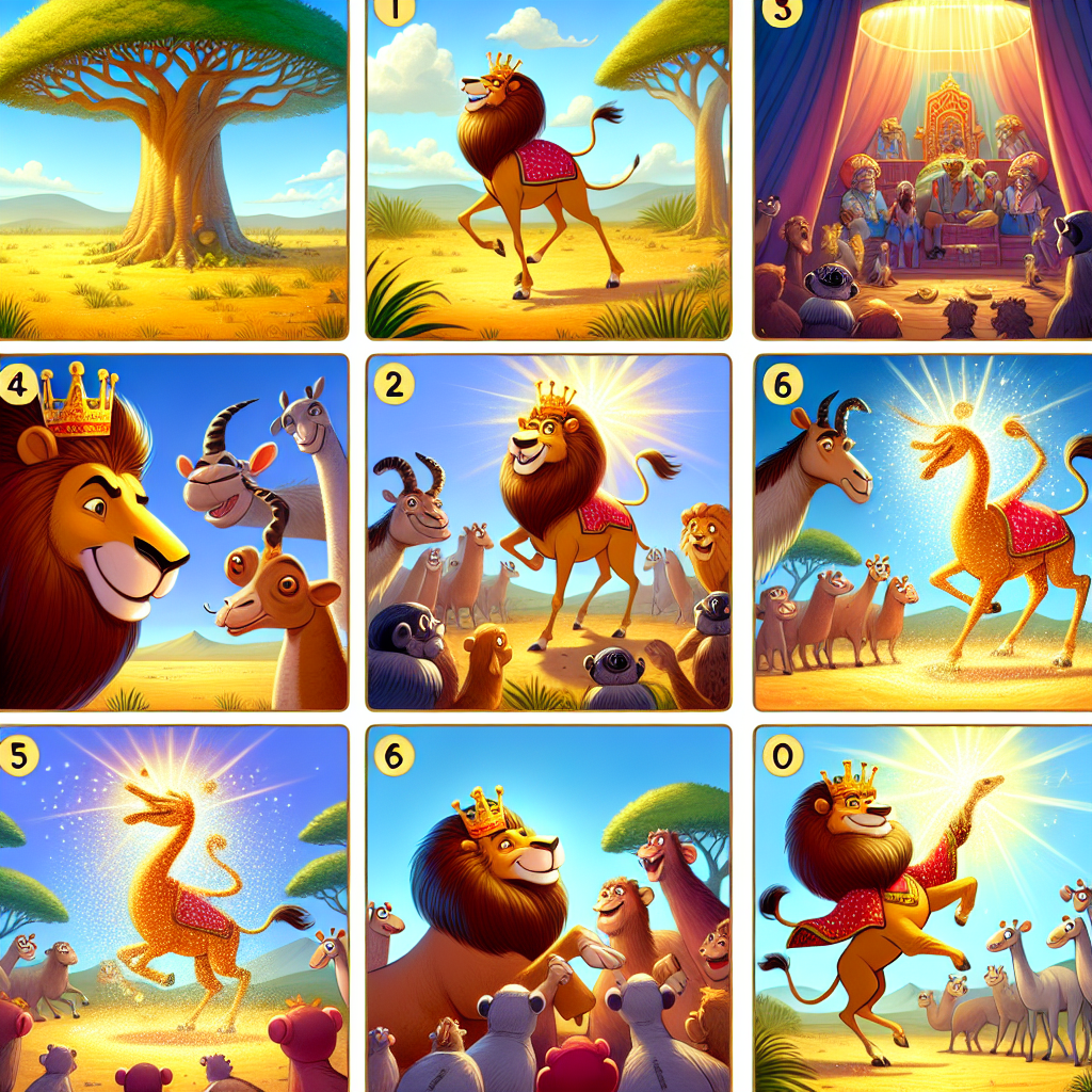 Colorful cartoon storyboard showing 8 key scenes from The Camel and the Monkey