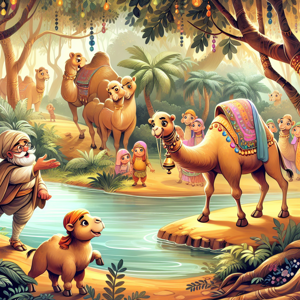 Colorful children's illustration for the story: The Camel and the Bell